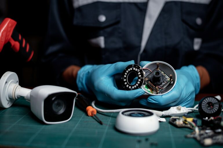 Technician under fixed and repairing CCTV board process by used screwdriver on CCTV chip board is el